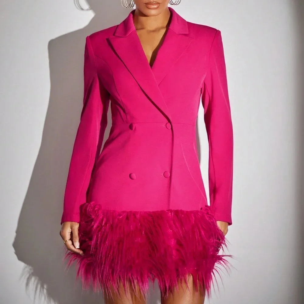 Hot Pink Preppy Womens Double Breasted Fuzzy Hem Blazer Dress - Picture 3 of 5